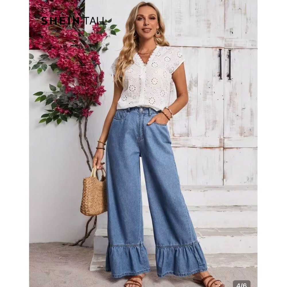 SHEIN Light Wash Ruffle Hem Wide Leg Jeans Blue High Waist Boho Denim Medium